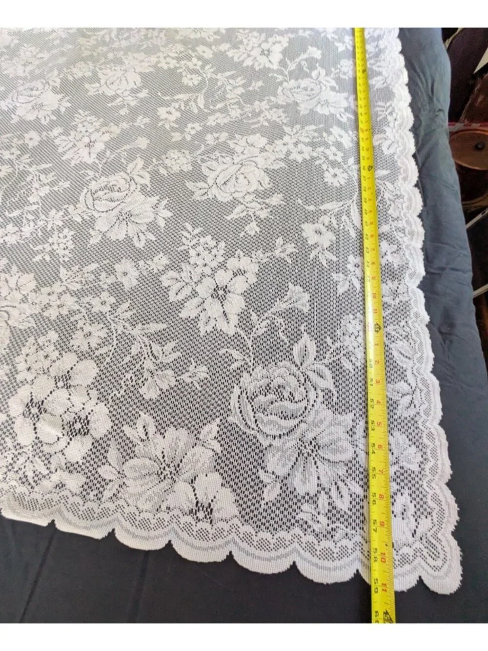 Vtg Lace Curtain Panels Set of 2 Attached Valance White Floral 59